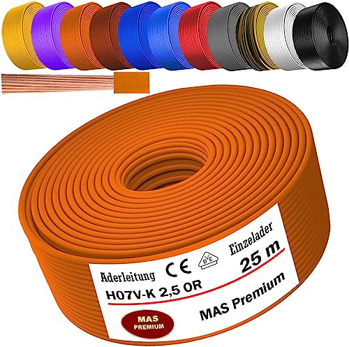 MAS Premium Von 5 bis 100m Aderleitung H07 V-K 2,5 mm² Schwarz, Hellblau, Grün/Gelb, Rot, Dunkelblau, Braun, Orange, Grau, Weiß, Violett oder Gelb Einzelader flexibel (Orange, 25m)