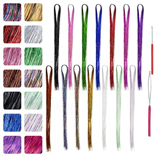 Lametta-Strähnen mit Werkzeug für Damen, Mädchen, Kinder, Haarverlängerung, Clip, Party, Cosplay, Partyzubehör, 14 Farben, 2500 Strähnen