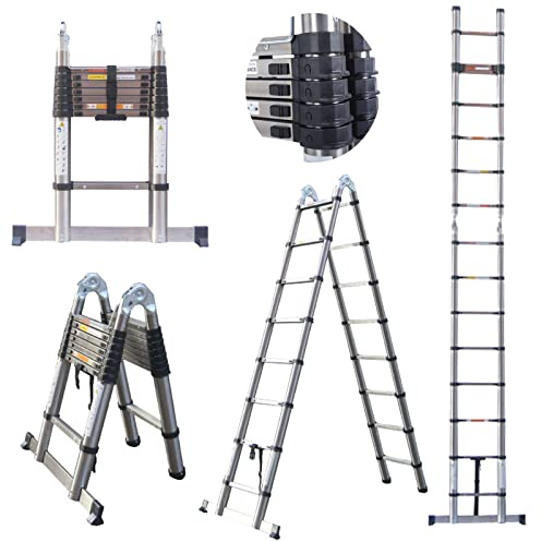3.8M Telescopic A Frame Ladder, Folding A Type 1.9M+1.9M Extendable Ladders, Portable Stainless Steel Extension Loft Ladder, Space Saving EN131 Standard, 330LB Load Capacity