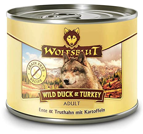 WOLFSBLUT – Wild Duck & Turkey Adult | Nassfutter mit natürlichen Zutaten und Superfoods für ausgewachsene Hunde. Getreidefreies Alleinfutter ohne Zusatzstoffe in der Dose | 6x200g