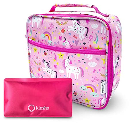 kinsho Lunch Bag for Girls with Ice Pack, Insulated Kids Lunch-Box for Toddlers Baby Girl Daycare Pre-School Kindergarten, Large Snack Container, Fits Bento Boxes for Kid Lunches, Pink Unicorn