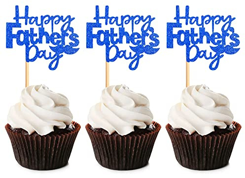 Blumomon 24 Pack Happy Father's Day Cupcake Toppers Blue Glitter Dad Cake Toppers Mustache Paper Cake Picks for Fathers Day Party Favor Supplies