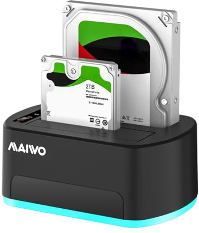 MAIWO 2 Bay External Hard Drive Docking Station with RGB Light, SATA Drive Offline Cloner Duplicator for 2.5'' 3.5'' HDD/SSD with Power Supply, UASP Supported, Black