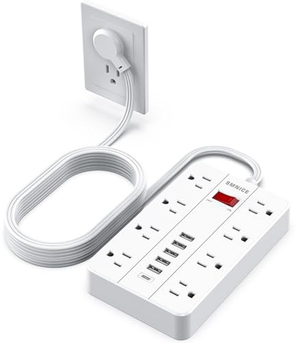 Power Strip Surge Protector, SMNICE Flat Plug Long Extension Cord 10 Ft with 8 Widely Spaced Outlets 6USB(1 USB C) Charging Station, Wall Mount for Dorm Home, Office Accessories,White