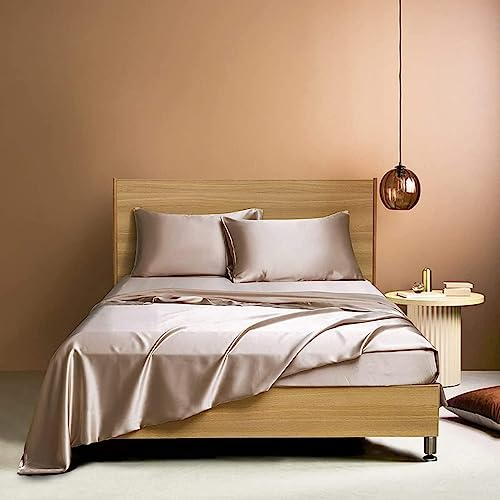 Spannbettlaken Satin 160x200cm Gold Taupe Seide Boxspringbett Glänzend Muster Glatt Bettlaken Seiden Spannbetttuch 160 x 200cm Uni Spannbetttücher für Topper Hohe Matratze bis 25-30 cm