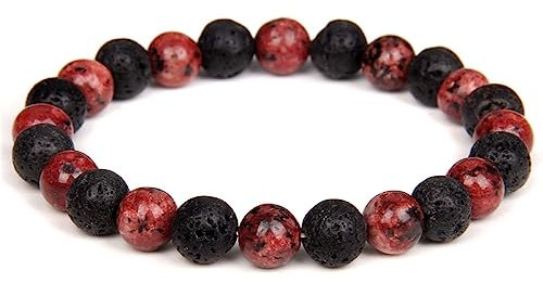 YONGHONGKEJI Edelstein Armband Damen Schwarze Lavastein-Perlenarmbänder Natürlicher Roter Achat-Stein Charm-Edelstein Yoga Chakra Stretch-Stein Perlenarmband Glücksschmuck Für Damen Und Herren