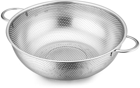 E-far 5-Quart Stainless Steel Colander, Micro-Perforated Metal Colander Strainer with Handle for Kitchen/Draining Pasta/Rinsing Vegetables Fruits, Heavy Duty & Dishwasher Safe - 11 Inches, EF-STC135