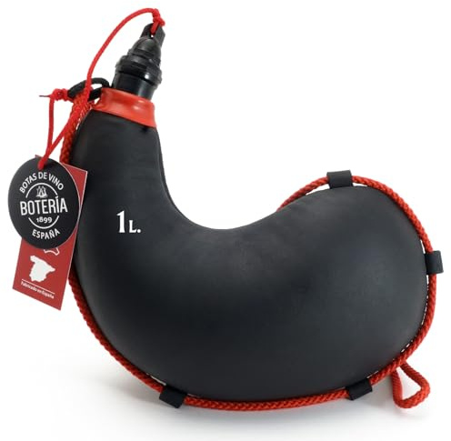 Bota de Vino Curva Tradicional Piel de Cabra Interior de Látex Todas las Bebidas Color Cuero Negro (1 Litro)