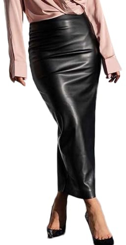 Generic Jupe Mi Longue en Cuir Taille Haute Sexy - Style Punk Moulant avec Fentes pour Femmes - Noir