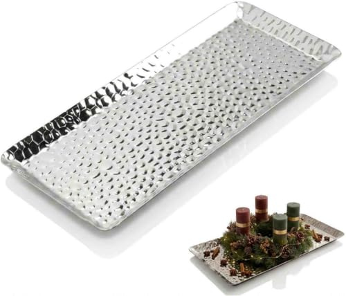 Gehämmertes Tablett, Dekotablett Silber für Adventskranz, Weihnachten | 25 x 11 cm, Gehämmerte Edelstahl Schale, Rostfreies Serviertablett, Kerzenteller