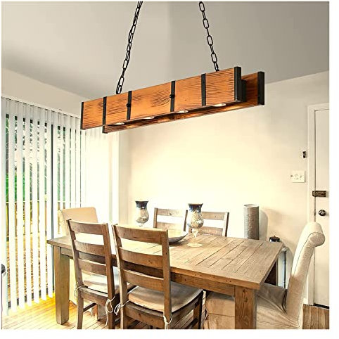 Modern Pendelleuchte Holzbalken-Leuchte, rustikaler Kronleuchter, Bauernhaus mit 4x3 W LED-Strahler, rechteckig, Bauernhaus-Kronleuchter, Insel-Pendelleuchten, Billardtisch, rustikale Kronleuchter-Leu