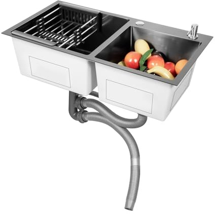 78 x 43 x 21 cm Rektangulär Diskbänk i Rostfritt Stål, Inbyggd Dubbel Diskho med Dräneringskorg och Tvåldispenser, Svart