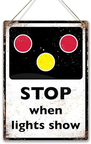 STOP when lights show. Small metal sign with 2 holes and twine. Level crossing steam train