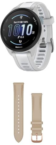 Garmin Forerunner 165, Easy to Use Lightweight GPS Running Smartwatch, White & Quick Release Band (20 mm) - Light Sand with 18K Rose Gold