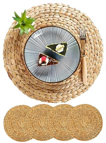 PECZEKO 4er Set Rund Seegras Platzset Abwaschbar Platzsets Tischsets Werden, Boho Platzteller, Ideal für Weihnacht Hochzeit Küche Party, Hitzebeständige 35cm Platzdeckchen Abwaschbar, Natur