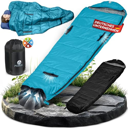 Foris® Mumienschlafsack 3-4 Jahreszeiten | mit exklusiv entwickeltem Belüftungssystem | -10-25°C | Exta lang 80x215cm | Wasserdicht | Outdoor Camping Festivals | Blau, Reißverschluss Links