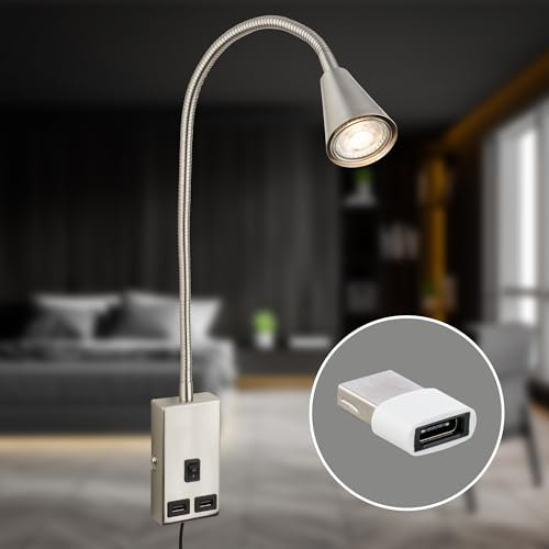 BRILONER - Leselampe mit USB Port, Ein/Aus-Schalter, schwenkbar, Stecker, Wandleuchte Innen, Wandlampe, Bettlampe, Lampe Bett, Leselicht, Nachttischlampe, 50 cm hoch, Matt-Nickel