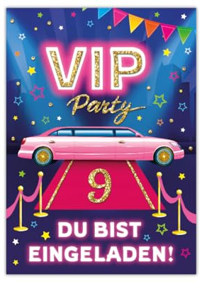 Junaversum 12 Einladungskarten zum 9. Kindergeburtstag Mädchen VIP Disco Mädchengeburtstag Einladungen neunte Geburtstag Kinder