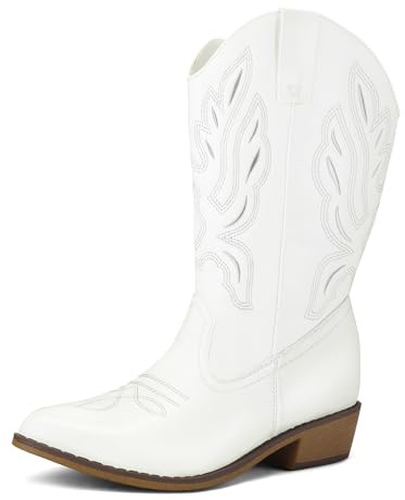 mysoft Women's Wide Calf Cowboy Boots Pull-On Mid-Calf Embroidered Pointed Toe Retro Western Boots