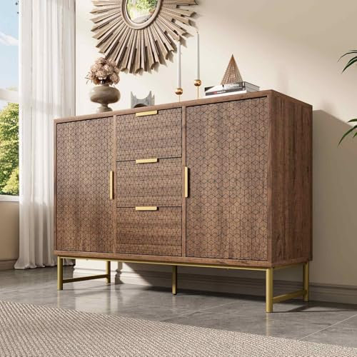 Yardi Yarda Organisateur avec 3 tiroirs et 2 portes, commode avec poignées en métal, buffet avec texture en relief, meuble multifonctionnel en couleur noyer