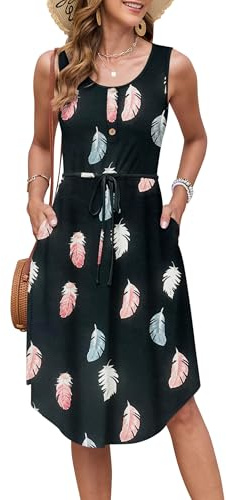 AUSELILY Sommerkleid Damen Ärmellos Kordelzuge Strandkleid Knielang Taschen | Sommerkleider Damen Leicht und luftig Kleider Hohe Taille Strandkleider Midikleid Elegant Kleid Knopfverzierung Freizeitkleid