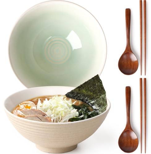 NUTRIUPS 2 x 1200ml Ramenschüssel aus Keramik mit Essstäbchen und Löffeln, 20cm Bowl Schüssel Suppenschüssel Groß，Himmelblau