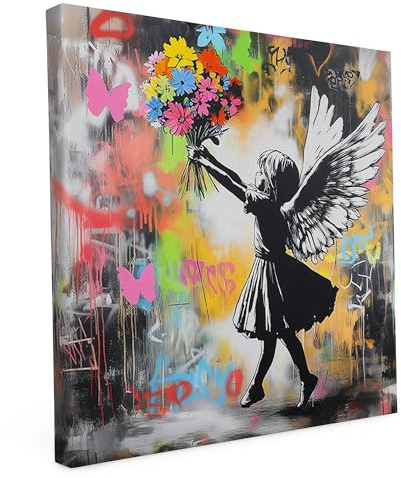 Banksy Leinwand Keilrahmen Engel und Schmetterlinge 80x80cm - Street Art | Banksy Wandbild auf Leinwand, 80x80cm, Motiv Engel und Schmetterlinge, Quadratisch, Street Art, 2cm Holzrahmen