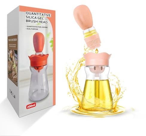 BENTFINE Bottiglia dosatrice per olio con pennello in silicone, 200 ml, 2 in 1, contagocce in silicone, dosatore per cucina, friggitura, cottura, pancake, friggitrice ad aria (Bianco Crema)