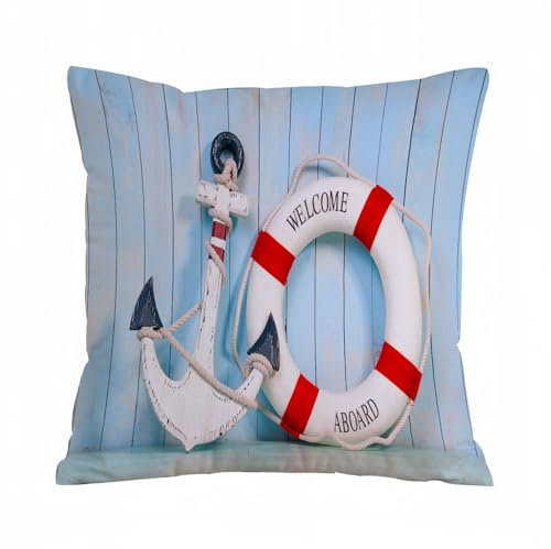 ERRTU Kissenbezug 40x40 cm,Boje, Anker gestreift Rettungsring Abstellgleis vertikal au,Dekokissen Kissenbezüge Deko Kissen Bezug Wohnzimmer Zierkissen für Sofa Stuhl Bett Garten