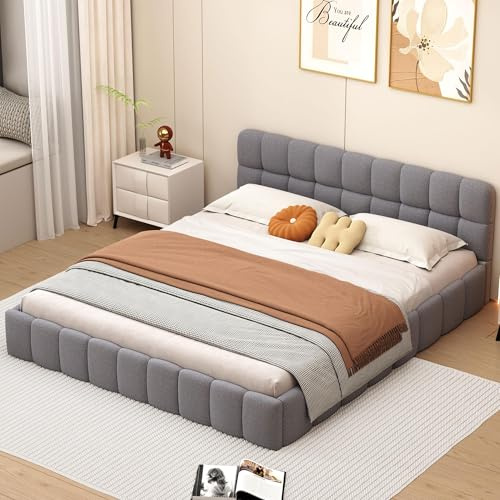 PerGar 140x200 Bubble Bett mit Lattenrost und Weicher Rückenlehne, Jugendbett Flachbett Bettgestell, Polsterbett Doppelbett, Familienbett mit Polsterumrandung, Leinen, Grau, Ohne Matratze