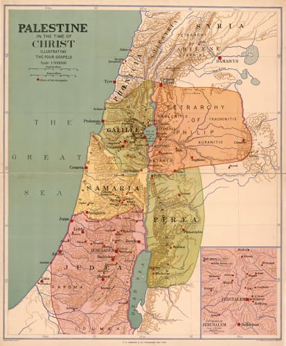 Palestine in the time of Christ 1916 Map, illustrating the four Gospels. Israel Holy Land Decor, 11x14 inch Unframed Wall Art Print Poster Reproduction, Ancient History, Christian Gifts, Bible Posters Ancient History