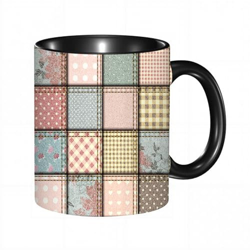 HRRASFAZF Tazza Caffe Latte Te in Ceramica,330 Ml,Tazza Divertente e Originale per Gli,tazza regalo,Shabby Chic, Patchwork Denim Seam Stitches Square Tile Stampa Digitale,