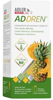 Adler Lab ADDREN Ananas Integratore Drenante Liquido, 500 ml, con Caffè Verde, Tè Verde, Betulla, Tarassaco e Zenzero, Depurativo Naturale per Fegato e Reni, Ideale per Ridurre Ritenzione Idrica