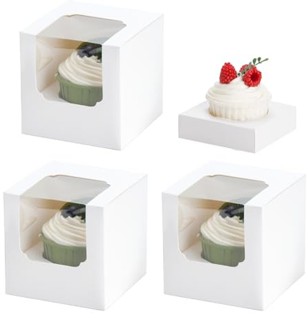 BTSD-home Muffin Transportbox, 25 Weiße Einzelboxen Mit Einsätzen | Cupcake Box für einzelne Muffins, Einsätze halten Toppings frei, für Hochzeit, Geburtstag und Backverkauf