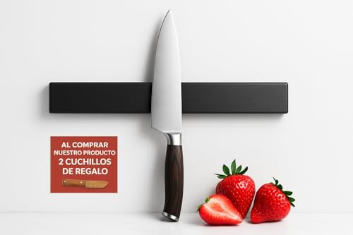 Iman Para Cuchillos De Cocina -30cm- INCLUYE REGALO DE 2 CUCHILLOS - Barra Magnética para Cuchillos -MUY RESISTENTE- Soporte para cuchillos de cocina - sin taladrar, autoadesivo, X2 Tacos y Tornillo.