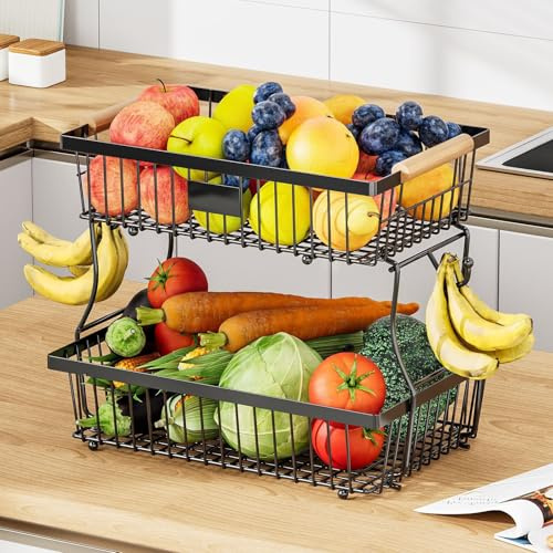 Kinberry 2 Tier Fruit Basket - Fruit Baskets with Banana Hangers for Kitchens, Fruit Bowl and Vegetable Rack Wooden Handle, Easy Installation, Detachable