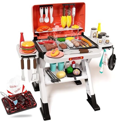 STACTCUTE 60pcs Kids BBQ Grill Kitchen Playset with Sound & Smoke, Play Toy Grill Set for Kids Ages 4-8, Pretend Food Barbecue Cooking Toys for Boys Girls 4 5 6 7 8