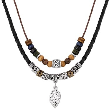 Hanary Collier ras du cou bohème en perles de bois avec pendentif vintage pour homme et femme