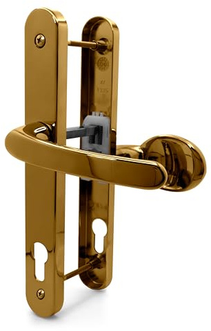 TSS UPVC Door Handle Pair Set with Offset Lever and Pad, 95/65mm PZ Centres (Internal = 95mm / External 65mm), Sprung, 200mm Screw to Screw, Backplate 250mm x 34mm (Polished Brass)