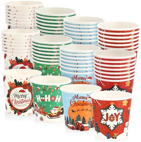 saerryor 60 Pcs Christmas Paper Cups, 7oz Xmas Party Cups with Festive Holiday Designs for Hot Cold Drinks, Christmas Dinner, Winter Party Decorations