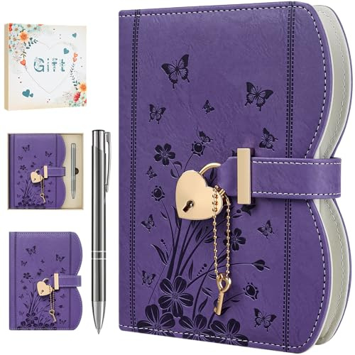 HwxBen Journal intime avec serrure et clés pour filles et femmes, coffret cadeau avec stylo, marque-page et boîte, carnet rechargeable B6 avec 360 pages pour écrire - Violet