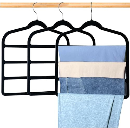 3 Pack Velvet Trouser Hangers - 4-Layer Space Saving Scarf and Jeans Hangers - Wardrobe Organiser and Space Saver Trouser Rack, Leggings Hanger, and Scarf Holder with Swivel Hook