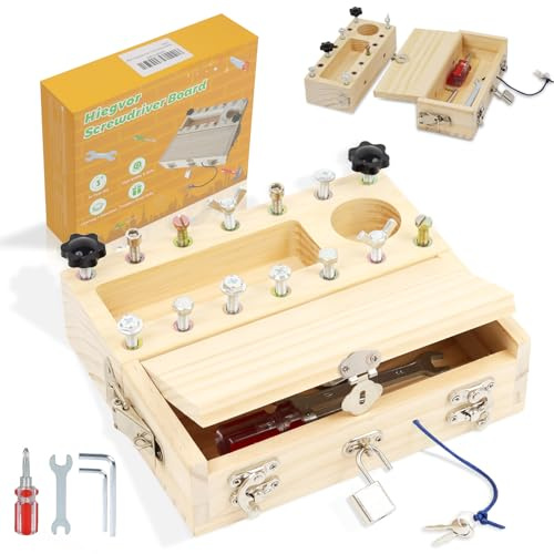 Hiegvor Jouet Enfant 3 4 5 Ans, Jeux Montessori Outils Enfant Jouet en Bois Planche Montessori avec Visseuse Enfant, Serrure et Clé, Jeux Educatif Cadeau pour Garçons et Filles