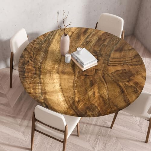 Tischdecke Rund – Holzmaserungsmuster, Outdoor/Garten, Abwaschbar mit Gummizug, Spanntischdecke für Terrasse & Picknick (Holzstruktur 2,80cm)