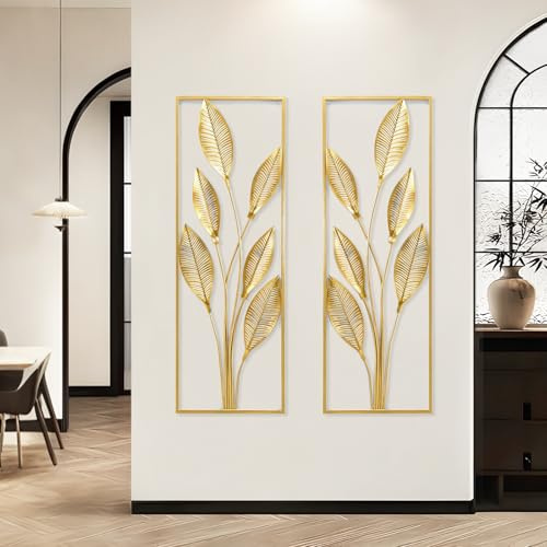 Wanddeko Metall, 2 Stück Wanddeko Wohnzimmer Handgemachte Gold Birnenblütenblatt Wanddekos Modern Wandkunst für Wohnzimmer Schlafzimmer (Montage mit Spurlosen Nägeln)