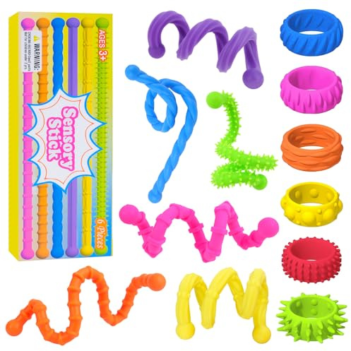 Kuvarix Lot de 12 Jouets Antistress, Fidget Toys Anti Stress, 6 Bâtons Sensoriels, 6 Petites Bagues, Jouet Sensoriel pour Enfants, Bague Anti Stress Enfant Ideal pour École, Voyage, Maison