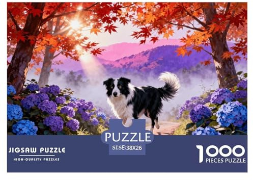 Puzzle Border Collie 1000 Pièces pour Adultes Et Enfants, Jeu De Famille, Casse-tête Hydrangea Bois, Décoration Intérieure, Cadeau Enfant 38x26cm/1000pcs