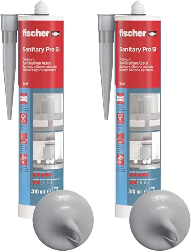 fischer Premium-Sanitärsilikon, Silikon zum Abdichten & Verfugen im Sanitär- und Küchenbereich, Kartusche für zahlreiche Anwendungen und Baustoffe, Langzeitschutz vor Schimmel, 310 ml, silbergrau