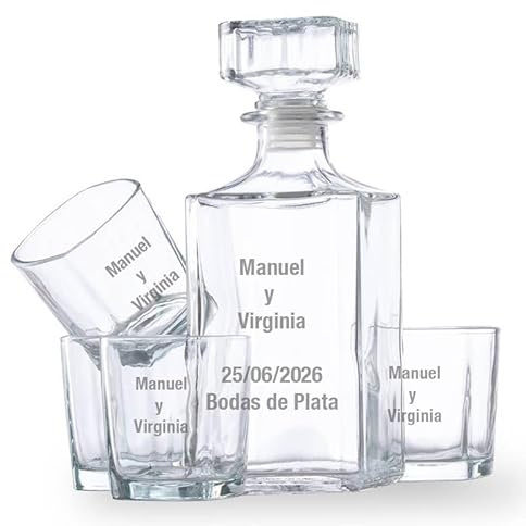 CALLEDELREGALO Set de whisky personalizado con texto grabado | Conjunto 4 vasos y botella | Cristal | PERSONALIZADO | Texto grabado