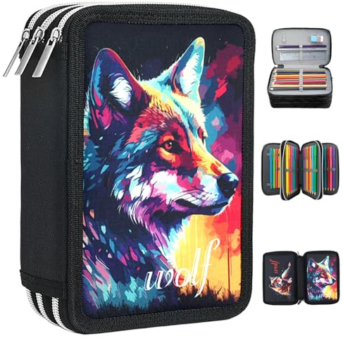 Federmäppchen 3-Fach für Schule - Tier Mäppchen mit Großer Kapazität 57 Pockets, Quadratisch Mehrschichtig Oxford-Stoff, Bunt Wolf Muster, Leicht für Kinder, Teenager, Schüler, Junge & Mädchen